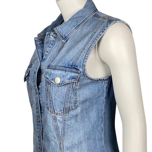 Zara Denim Mini Dress Womens M Sleeveless Snap Up Medium Wash Collar - Picture 3 of 6